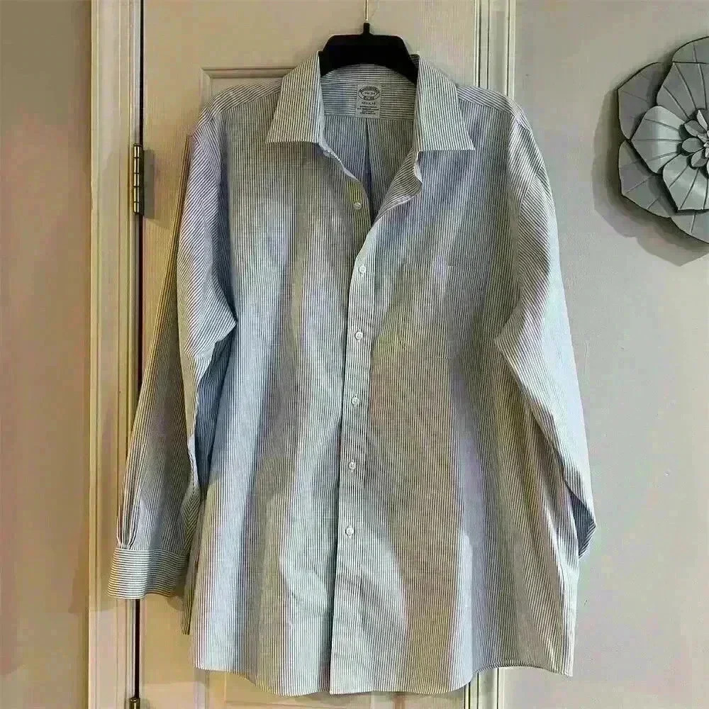 Brooks Brothers Men's Blue Striped Dress Shirt 17.5 Long Sleeve Non-Iron